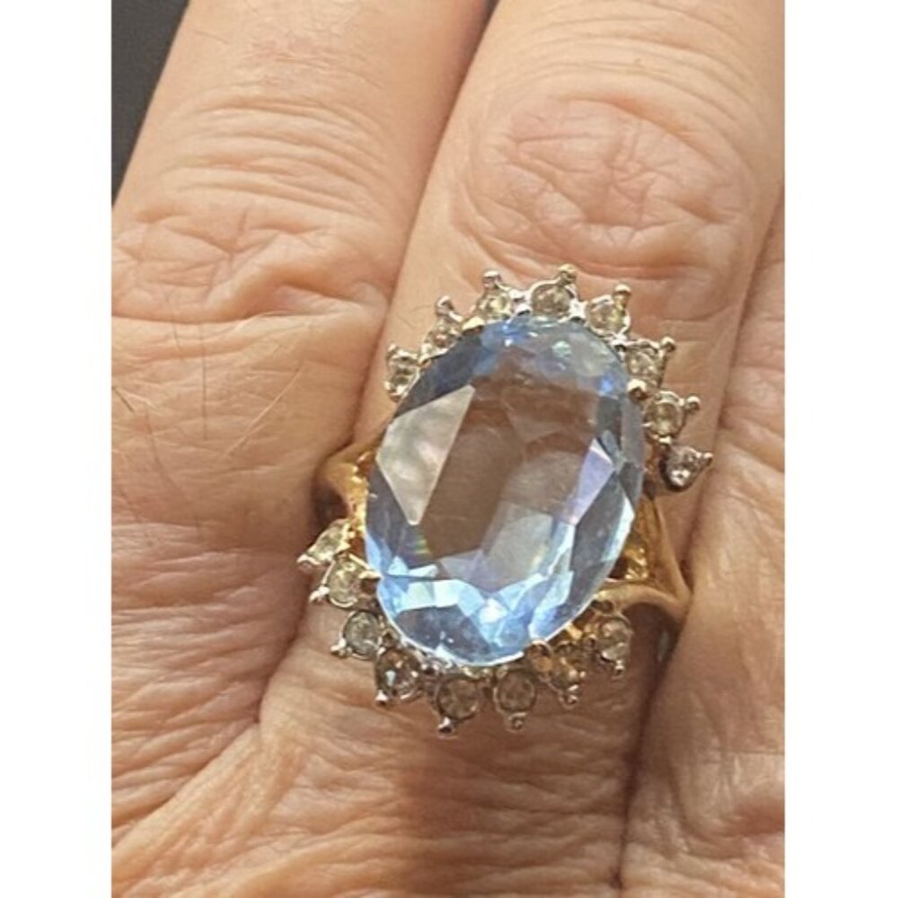 Faux Aquamarine Ring CZ 18K GE Yellow Gold Electroplate Sz 9 March BDay Cocktail - Picture 6 of 7